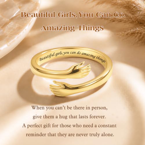Sterling Silver Hug Ring for Women Teen Girls Adjustable Love Promise Ring Inspirational Open Rings Mothers Day Birthday Gift for Daughter Granddaughter Mom Wife Best Friend - color: 18K Gold / Gift Box(Beautiful g***s,you can do amazing things)
