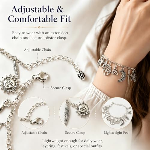 Vintage Witchy Charm Bracelet, Silver Gothic Boho Celestial Bracelet with Tree of Life Moon Pentagram Charm, Wiccan Lucky Link Chain Bangle Gift Jewelry for Women Halloween Party Friendship