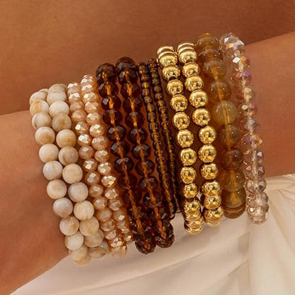 7/12Pcs Set Bohemian Stackable Crystal Seed Beaded Elastic Stretch Bracelet Multilayerd Handmade Brass Bead for Women Jewelry Surfer Heishi Polymer Clay Layering - color: 12brown
