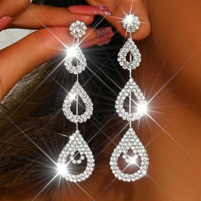 Catery Long Rhinestone Earrings Silver Pageant Earrings Dangling for Women Wedding - color: Silver