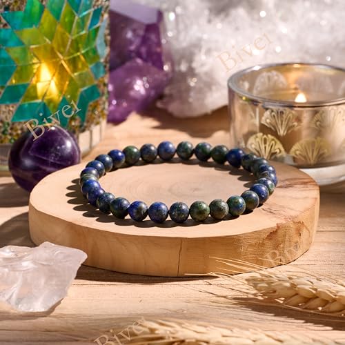 Bivei 6mm Beaded Bracelets for Women Handmade Semi Precious Natural Stone Stretch Elastic Jewelry Yoga Protection Gifts - color: Chrysocolla-Gentle Expression, size: Medium 6.8-7.3 inch