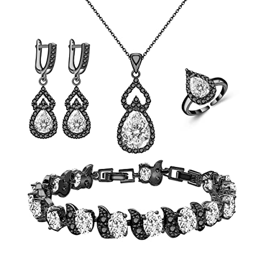 LMXXVJ Women Jewelry Set Platinum Plated Necklace Open Ring Earrings Bracelet Set,Birthday/Anniversary Mother’s Day Jewelry Gifts for Mom/Wife/Sister/Best Friend - color: Black Gun-White