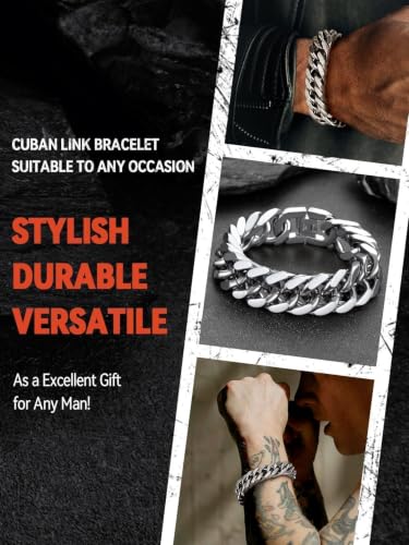 FaithHeart Mens Stainless Steel Cuban Link Bracelet, Tarnish Resistant | 6/8/12/17mm Silver/Black/Gold Sturdy Hip Hop Wrist Chain Bracelets Daily Wear with Gift Box, 7.5"/8.3"/9.1" Length - color: A. Silver-17mm Width, size: Length 9.1 Inches