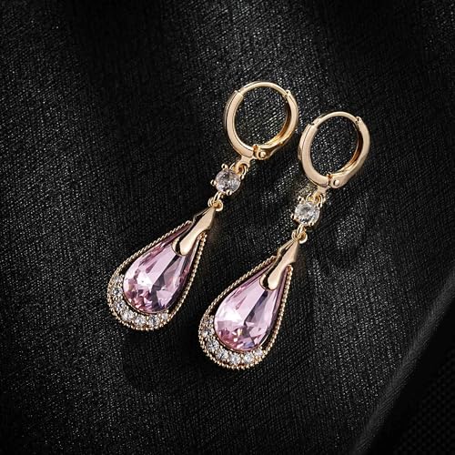Trendy Austrian Crystal Teardrop Drop Huggie Dangle Earrings for Women 14k Rose Gold Plated Hypoallergenic Jewelry Gifts - color: Pink