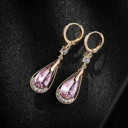 Trendy Austrian Crystal Teardrop Drop Huggie Dangle Earrings for Women 14k Rose Gold Plated Hypoallergenic Jewelry Gifts - color: Pink