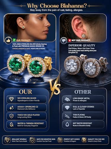 2 Pairs S925 Sterling Silver Stud Earrings for Women Halo Cubic Zirconia | 14K Gold Plated Hypoallergenic Non Tarnish Round Square Silver Stud Earring for Women Men Dainty Trendy Jewelry - style: Gold-Green Stone