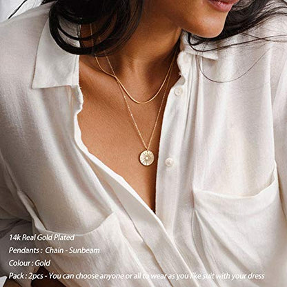 Turandoss Gold Layered Necklaces for Women - 14K Gold Plated Handmade Multilayer Bar Pearls Coin Disc Moon Butterfly Medallion Adjustable Dainty Layered Choker Necklaces for Women Jewelry - style: 2PCS - Chain&Sunbeam