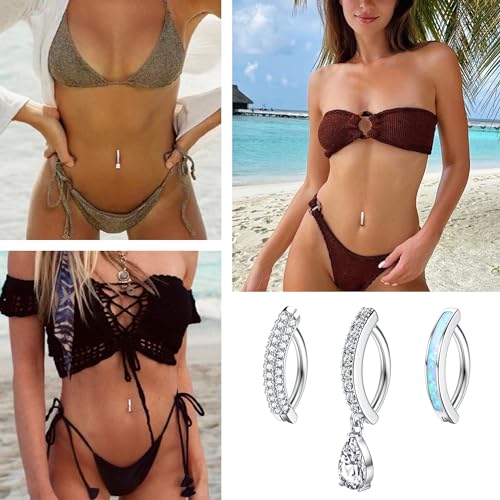 FIASASO 5Pcs Belly Button Ring for Women 14G Short Navel Rings Silver Clicker Belly Piercing Pack Simple Dangle Cute CZ Belly Small Hypoallergenic Belly Button Ring Reverse Piercings Jewelry - color: SILVER