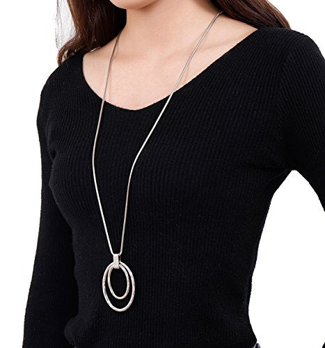 NVENF Long Sweater Chain Double Circle Pendant Necklace Bold Snake Chain Women Statement Necklace - color: A Silver-tone