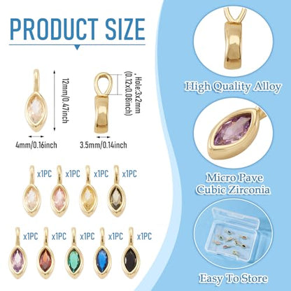 9Pcs Horse Eye Cubic Zirconia Charms Crystal CZ Stone Birthstone Dangle Charms Golden Brass Necklace Pendants for DIY Earring Bracelet Craft Jewelry Making 12x4x3.5mm - color: Horse Eye