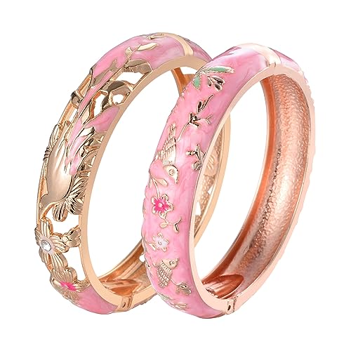 UJOY Cloisonne Indian Bangle Colored Crystal Plated Hinge Cuff Bracelet Hollowed Bird Enamel Jewelry Gift 55C49 - color: 2 Pcs/set-Bird-Pink