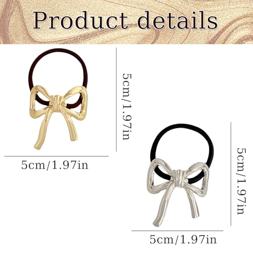 Bow Hair Ties for Women Gold Silver Metal Hair Tie for Girls Elegant Elastics Rubber Hair Scrunchies for Long Thick Bowknot Ponytail Holder Christmas Gifts Bow Hair Accessories 2Pcs