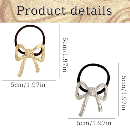 Bow Hair Ties for Women Gold Silver Metal Hair Tie for Girls Elegant Elastics Rubber Hair Scrunchies for Long Thick Bowknot Ponytail Holder Christmas Gifts Bow Hair Accessories 2Pcs