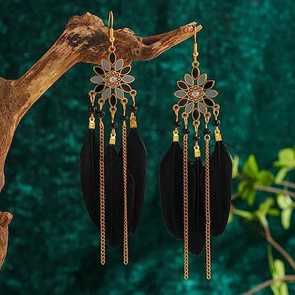 Boho Long Feather Earrings Long Tassel Drop Dangle Earrings Set for Women,Bohemian Gold Dangling Long Handmade Feather Dream Catcher Earrings - color: Black
