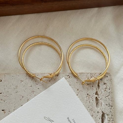 Double Hoop Earrings for Women,925 Sterling Silver Earrings Hoop Post 14K Gold Hoops Non Tarnish Sturdy backless earrings for women,Large Thin Lightweight Hypoallergenic 40mm,Trendy Jewelry Gift - color: Gold