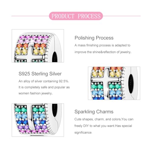 925 Sterling Silver Openable Clip Spacer Bead Fits Pandora Bracelet | Hypoallergenic Clip Stopper Charm, Star Clover Butterfly Floral Mom Heart Paved Zircon Gift for DIY Charm Bracelet Jewelry - color: Rainbow Zircon Cross