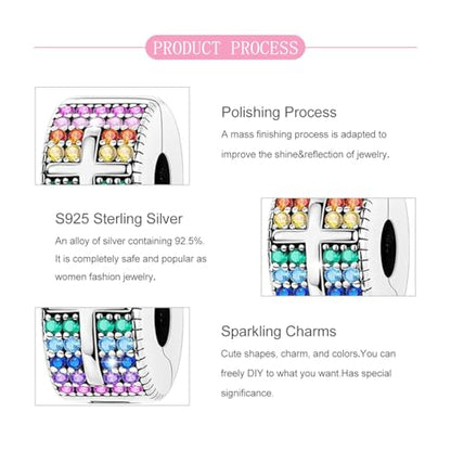 925 Sterling Silver Openable Clip Spacer Bead Fits Pandora Bracelet | Hypoallergenic Clip Stopper Charm, Star Clover Butterfly Floral Mom Heart Paved Zircon Gift for DIY Charm Bracelet Jewelry - color: Rainbow Zircon Cross