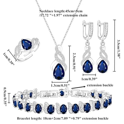 LMXXVJ Jewelry Set for Women,Teardrop Cubic Zirconia Necklace Earrings Adjustable Ring Bracelet Jewelry Set Formal Jewelry Gift - color: MHSD-White Gold-Blue