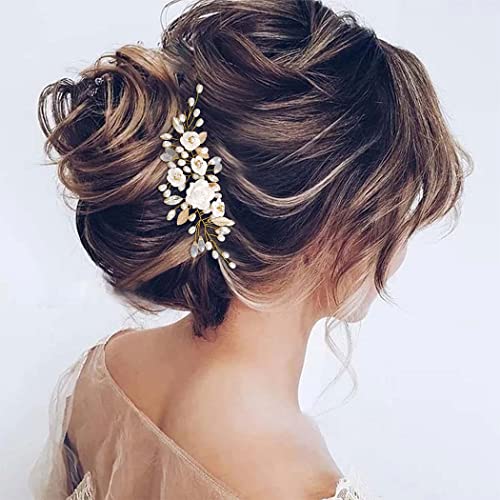 GORAIS Flower Wedding Hair Vine Pearl Bridal Hair Pieces Crystal Hair Accessories for Bride and Women - color: b-gold