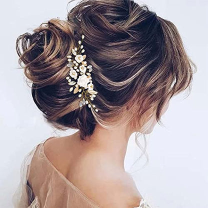 GORAIS Flower Wedding Hair Vine Pearl Bridal Hair Pieces Crystal Hair Accessories for Bride and Women - color: b-gold