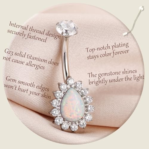 AROWRO Gold Belly Button Ring G23 Titanium Hypoallergenic 14G belly ring for Women Men Teardrop Navel Piercing Jewelry 10mm Barbell With Cubic Zircon - color: Sliver+White Opal