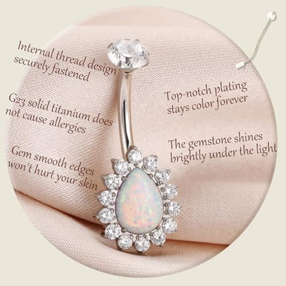 AROWRO Gold Belly Button Ring G23 Titanium Hypoallergenic 14G belly ring for Women Men Teardrop Navel Piercing Jewelry 10mm Barbell With Cubic Zircon - color: Sliver+White Opal