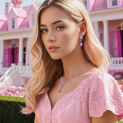 EleQueen Women's Wedding Bridal Jewelry Set for Brides Bridesmaids, Silver/14K Gold/Rose Gold Plated Cubic Zirconia Teardrop Necklace Dangle Earrings Bracelet Sets for Party Prom - color: 07-Pink Color-Necklace+Earrings+Bracelet