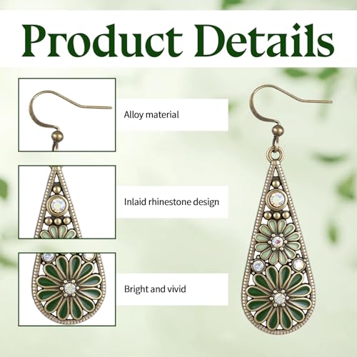 Bohemian Crystal Teardrop Pendant Earring, Vintage Olive Green Hollow Out Flower Floral Dangle Earrings Tribal Geometric Design Handmade Ethnic Statement Jewelry Gift for Women