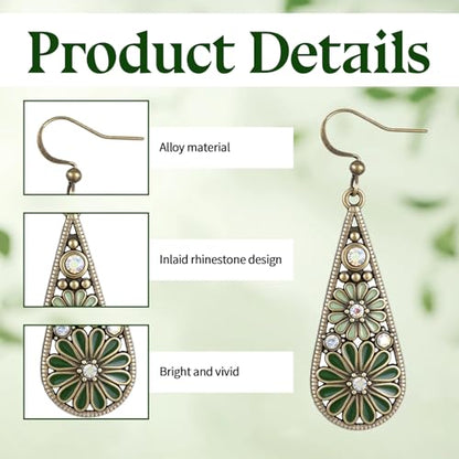 Bohemian Crystal Teardrop Pendant Earring, Vintage Olive Green Hollow Out Flower Floral Dangle Earrings Tribal Geometric Design Handmade Ethnic Statement Jewelry Gift for Women