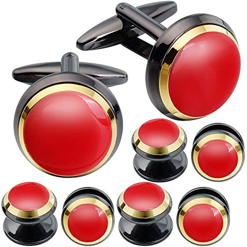 HAWSON Cufflinks and Studs for Men-Fashion Men Vintage Enamel Carbon Fiber Tuxedo Shirt Cufflinks and Studs Set for Regular Wedding Business Accessories - color: red enamel