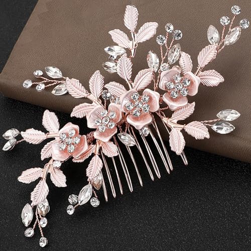 Bridal Hair Accessories Bright Rose Gold Wedding Hair Comb for Brides, Handmade Rhinestone Hair Wedding Head Pieces for Women and Bridesmaids Flower Girls - color: Bright Rose Gold