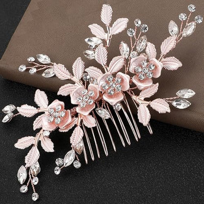 Bridal Hair Accessories Bright Rose Gold Wedding Hair Comb for Brides, Handmade Rhinestone Hair Wedding Head Pieces for Women and Bridesmaids Flower Girls - color: Bright Rose Gold