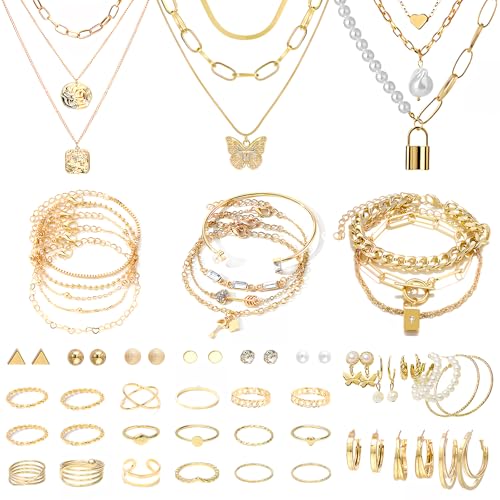 NEWITIN 61 Pieces Rose Gold Jewelry Set for Women Fashion Costume Jewelry | Bohemian Jewelry, Inlaid Cubic Zirconia, Gold Plated Necklace Bracelets Rings Earrings Set for Women Party Daily, Women Gifts - color: Gold