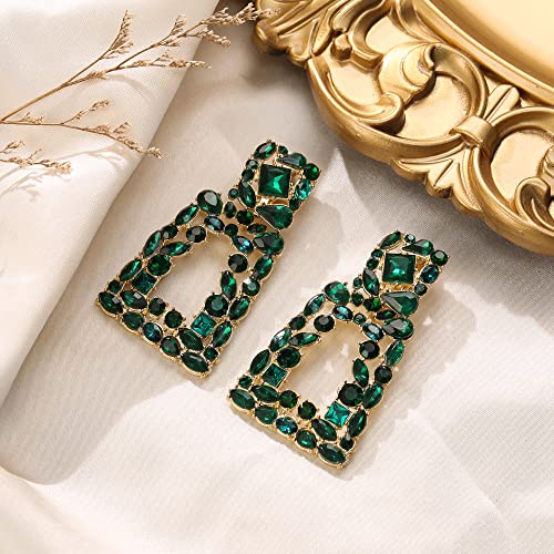 Flyonce Rectangle Clip-on Drop Earrings for Women, Sparkly Rhinestone Crystal Geometric Statement Non Pierced Earring Wedding Prom Party Jewelry for Brides Bridesmaid - color: Green Gold-Tone