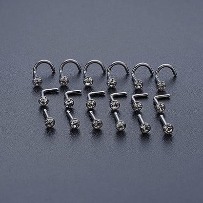 20G & 18G Nose Rings - Black, Silver & Gold Stainless Steel Studs & Screws - L Shaped & Bone Nose Rings Set - Clear CZ Nostril Piercing Jewelry - color: Silver: 3mm White CZ/ Nose Bone/ 18G/ 6Pcs