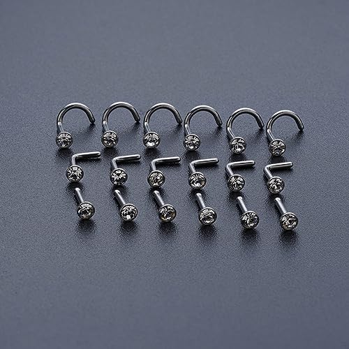 20G & 18G Nose Rings - Black, Silver & Gold Stainless Steel Studs & Screws - L Shaped & Bone Nose Rings Set - Clear CZ Nostril Piercing Jewelry - color: Silver: 3mm White CZ/ Nose Screw/ 18G/ 6Pcs