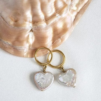 LILY LUSTRE 14k Gold Plated/Filled 925 Sterling Silver Handpicked AAAA Quality Natural White Freshwater Cultured Heart Shaped Pearl Huggie Hoop/Leverback Drop Dangle Earrings for Women - color: Gold Hoop