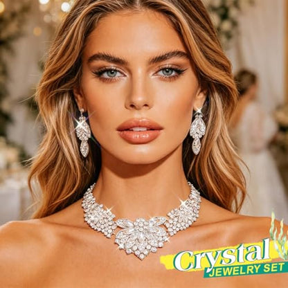 Yonamix Gold Jewelry Set Wedding Rhinestone Necklace Sets for Women | Formal Prom Dinner Party Gala Night Crystal Flower Necklaces Earrings - color: B Silver