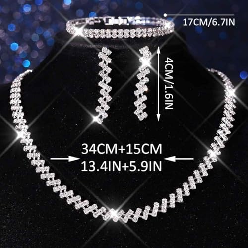 Rhinestone Bridal Wedding Jewelry Sets Silver Necklace Earrings Bracelet Set Prom Formal Costume Jewelry Set for Women and Brides - color: Silver