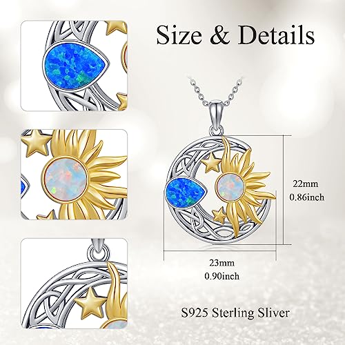 AOBOCO 925 Sterling Silver Moon Sun Star Necklace Celtic Jewelry for Women Girls - color: Silver&Gold&Blue White Opal