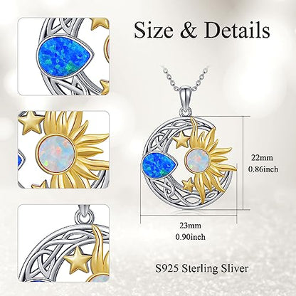 AOBOCO 925 Sterling Silver Moon Sun Star Necklace Celtic Jewelry for Women Girls - color: Silver&Gold&Blue White Opal