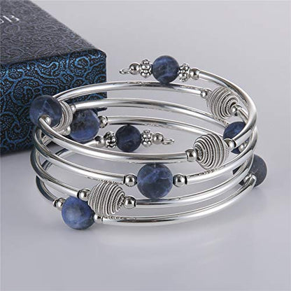 PEARL&CLUB Beaded Chakra Bangle Turquoise Bracelet - Fashion Jewelry Wrap Bracelet with Thick Silver Metal and Mala Beads, Birthday Gifts For Women - color: 63-Navy Blue