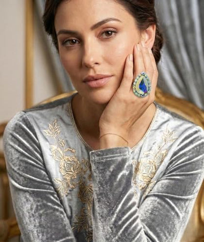 NYFASHION101 Radiant Teardrop Stone Adjustable Cocktail Statement Ring - color: Aurora Borealis/Silver-Tone