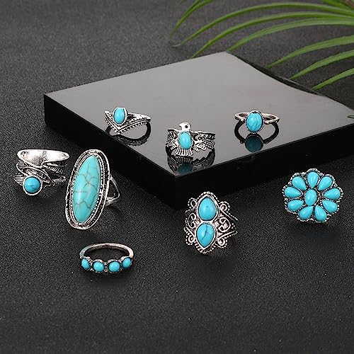 Airvess Vintage Knuckle Rings Set, Chunky Turquoise Stackable Rings, Silver Joint Finger Stacking Rings, Bohemian Western Jewelry for Women - style: 8 Pcs-1