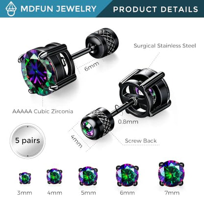 5 Pairs Screw Back Stud Earrings Set, Cubic Zirconia Stud Earring for Women Men Hypoallergenic 316L Surgical Stainless Steel Round Cut CZ 3-7mm - color: Black-Rainbow