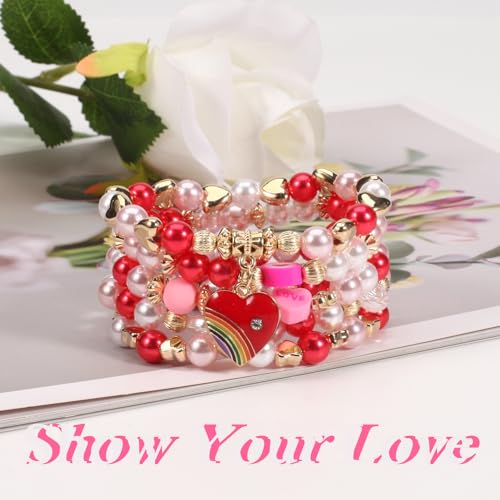 Ardorchid Halloween Bracelets for Women Pumpkin Ghost Steleton Bat Skull Beaded Stackable Stretchy Bracelet Rugby Thanksgiving Christmas Heishi Bracelets - color: Valentines -C