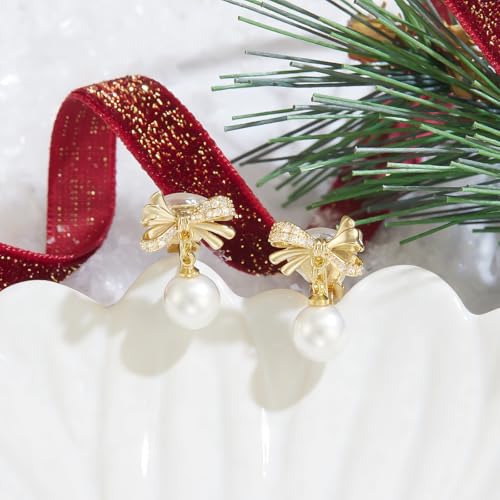 YOQUCOL Golden Bow Clip On Stub,Danle Drop Earrings for Women Simulated Pearl Christmas Xmas Bowknot Non Pierced Earrings - color: Dangle Clip-04