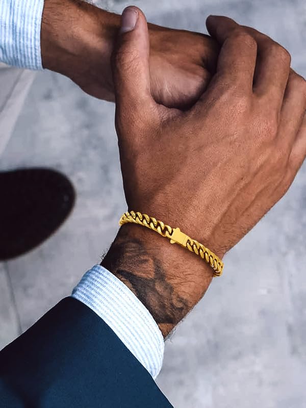 Bandmax Mens Hip Hop Cuban Link Bracelets 5/7/9/12MM Stainless Steel Miami Curb Chain Bracelet Silver/Gold Plated/Black Wristlet Chains for Men 7"-9" - color: 06 7MM-Gold