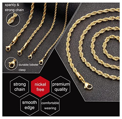 24K Gold Plated Rope Chain Stainless Steel Twist Chain Necklace Men Women - color: 24K Gold-Plated, size: 22 Inches
