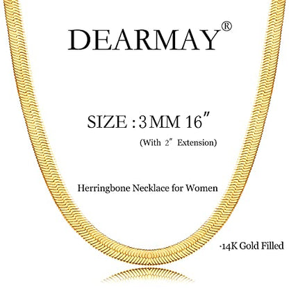 DEARMAY 14K Gold Plated Herringbone Necklaces for Women, Dainty Gold Snake Choker Chain Non Tarnish Trendy Simple Thin & Chunky Options Neckalce 1.5/3/5/6/8mm Chain Jewelry for Gifts - color: 3MM 16"-GD Herringbone Necklace